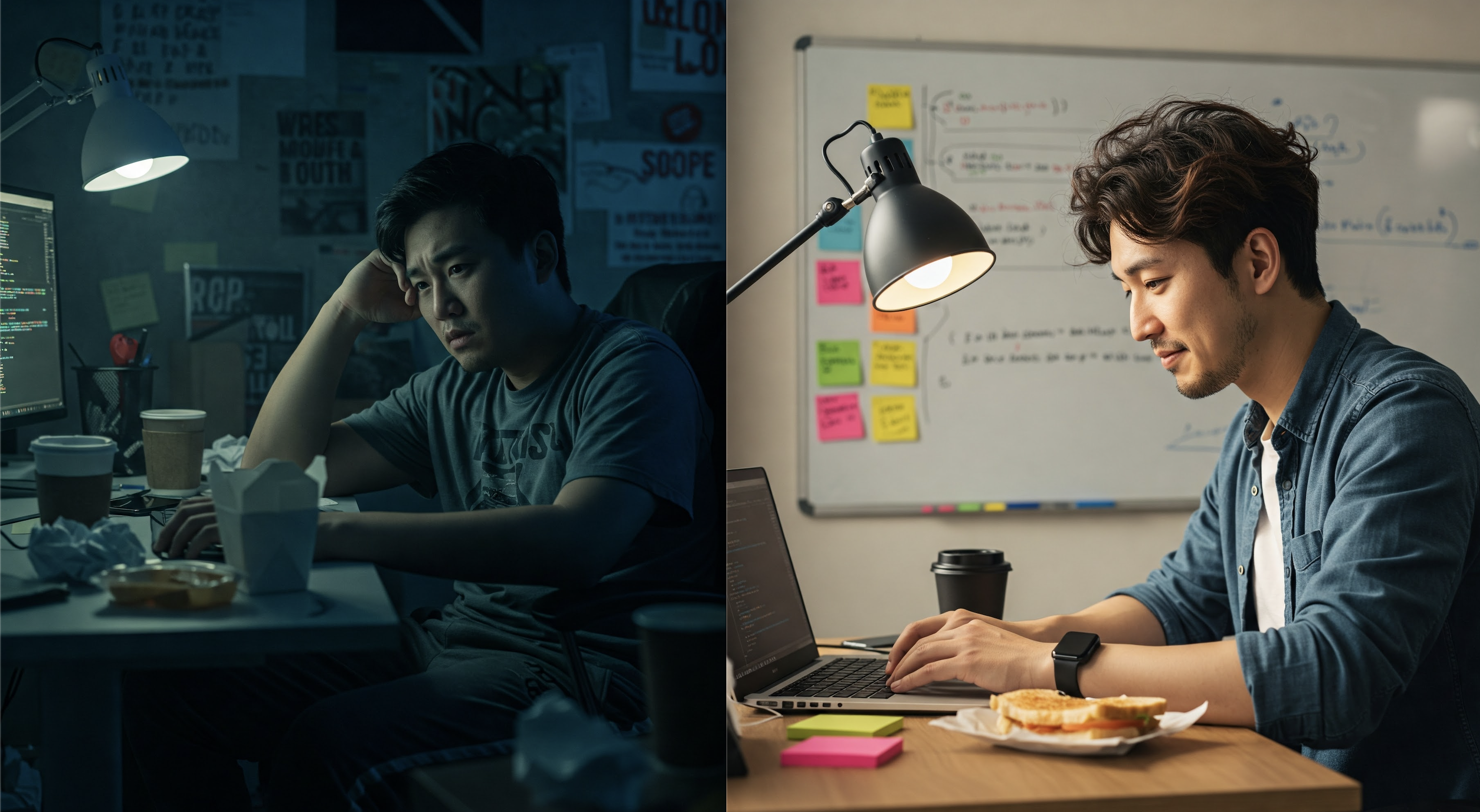 On the left a developer, in a dark room, sitting in front of a computer looking lost. On the right a developer in na bright room, looking happy and productive.